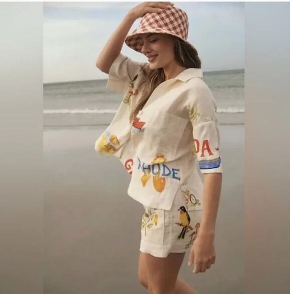 RHODE Tops - Rhode Ganima Top Munthe Linen Short Sleeve Novelty Shirt Size Large